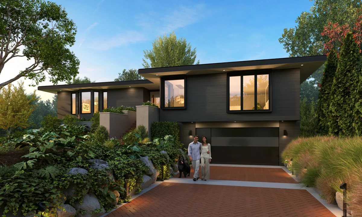 Contemporary custom home with dark siding, warm-wood accents, and clerestory windows set among mature evergreens in Seattle, designed by Piper Cole Architects.