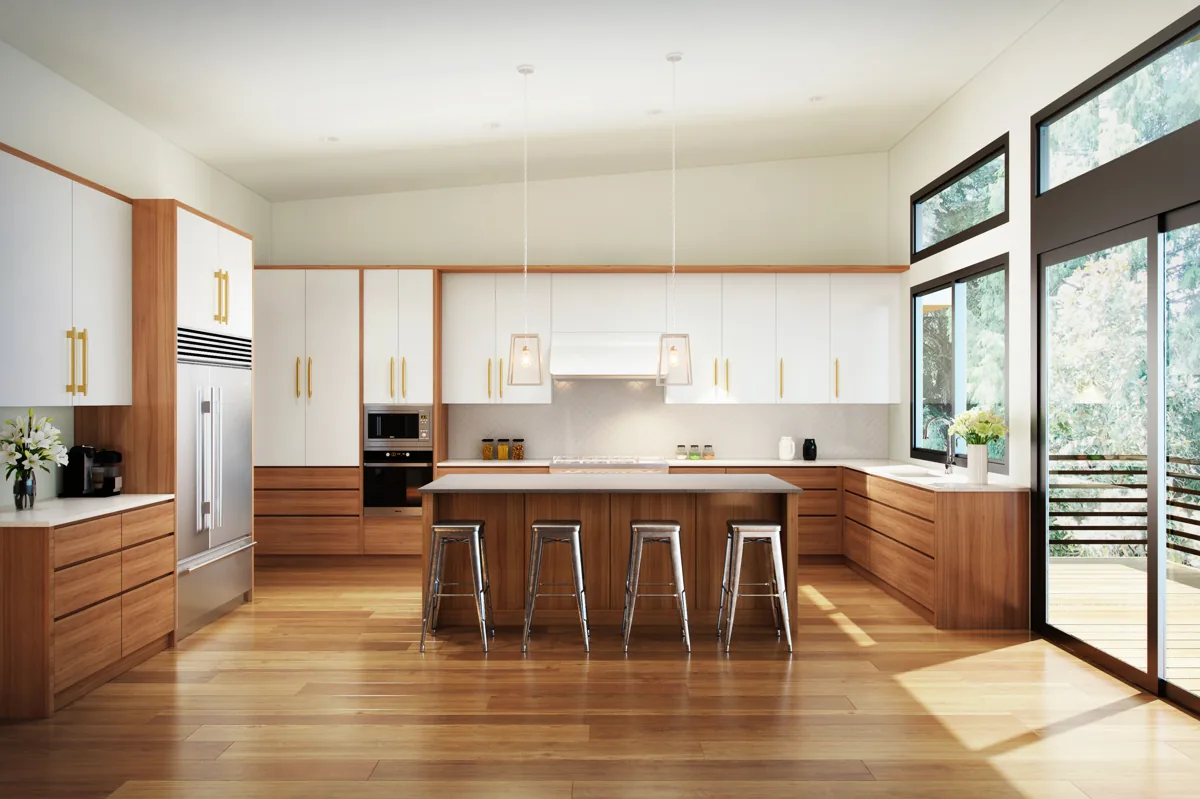Modern kitchen remodel with white and warm-wood cabinetry, a quartz waterfall island, and forest-view windows, designed by Piper Cole Architects on the Seattle Eastside.